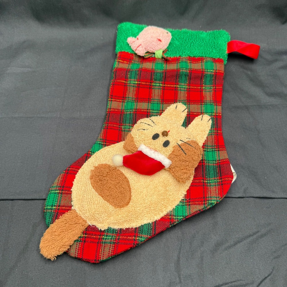 Vintage Plaid Cat Christmas Stocking Red Green Gold Metallic Sherpa Cuff 13in